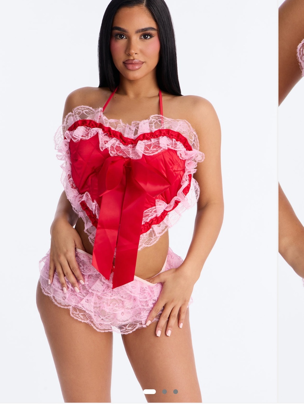 Fashion Nova Heart Ruffle Satin & Lace Bandeau Set - Red & Pink